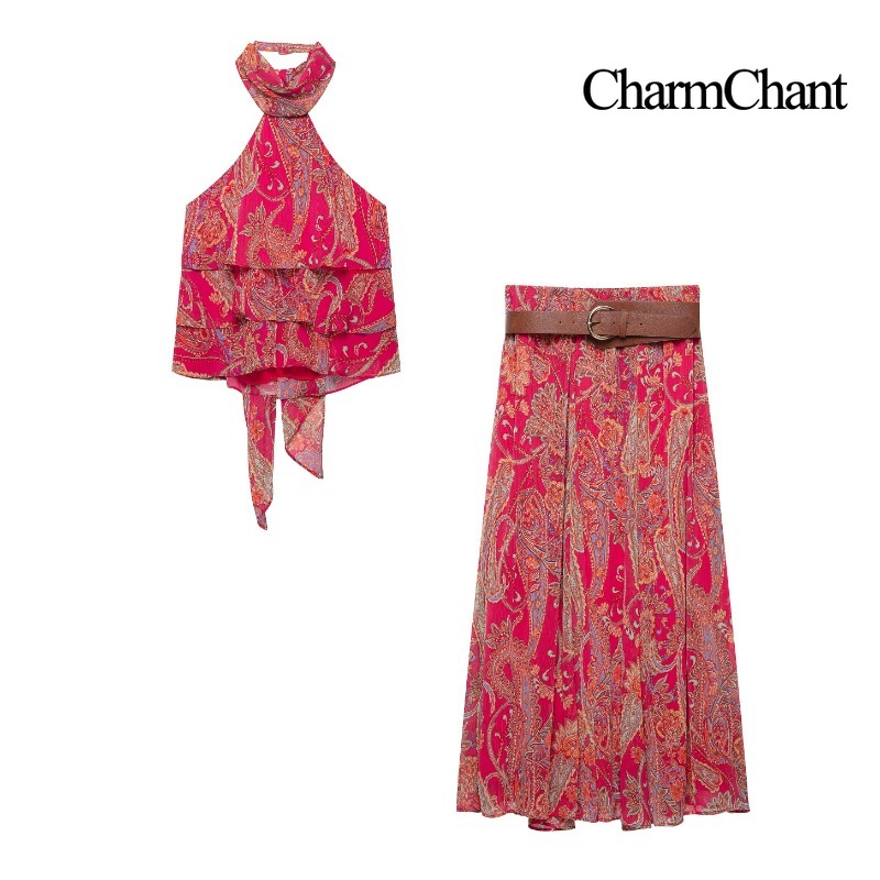 Midi Skirt Floral - CHARMCHANT Women's Paisley Print Halter Neck