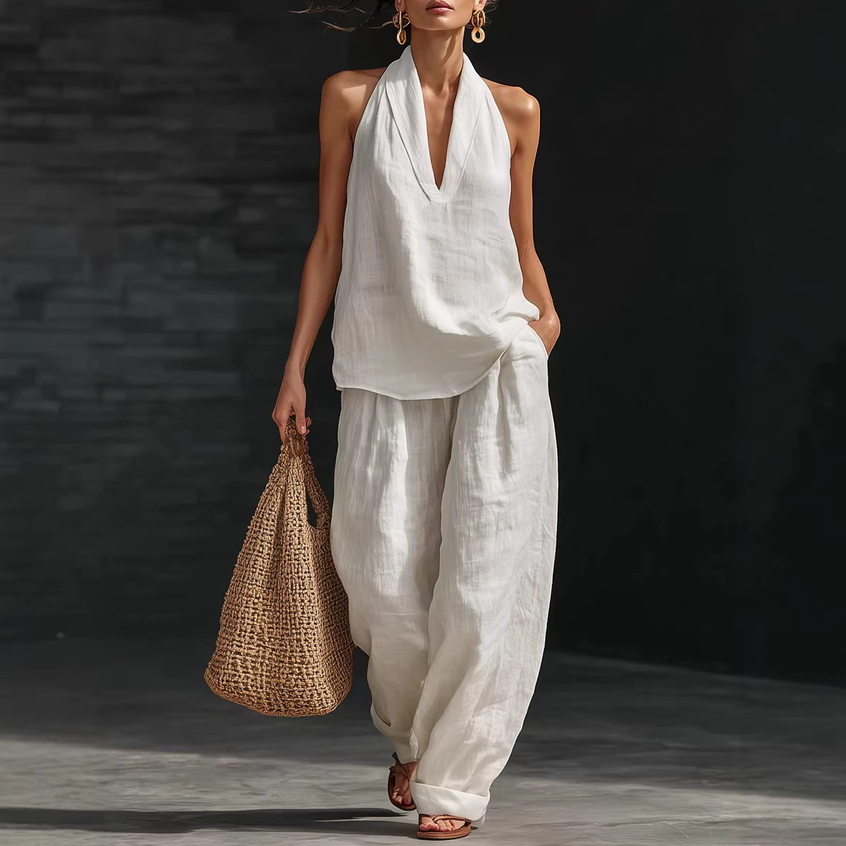 Linen Pant Wide - Summer Retro Solid Cotton Linen Set