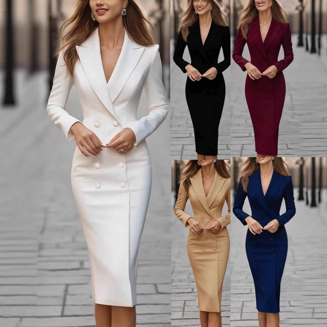 Linen Dress Wrap - Pure Color Slim Double Breasted Party