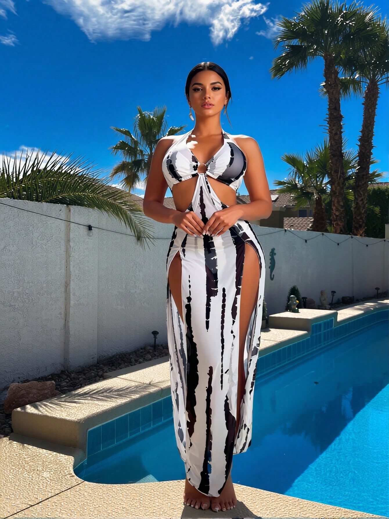 Maxi Dress Halter - New Black White Tie Dye 3