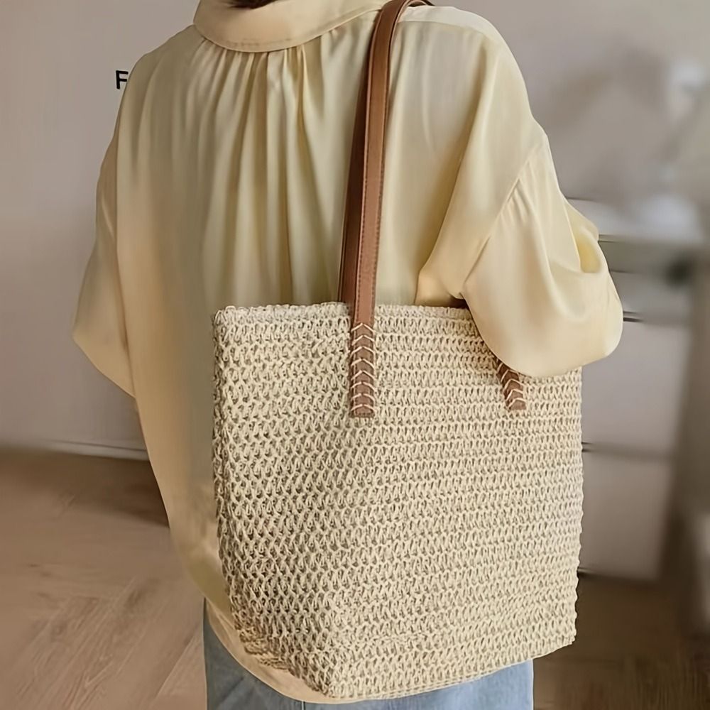 Fashion Solid Color Weave Stra - Tote Bag Beach ulasan dan harga