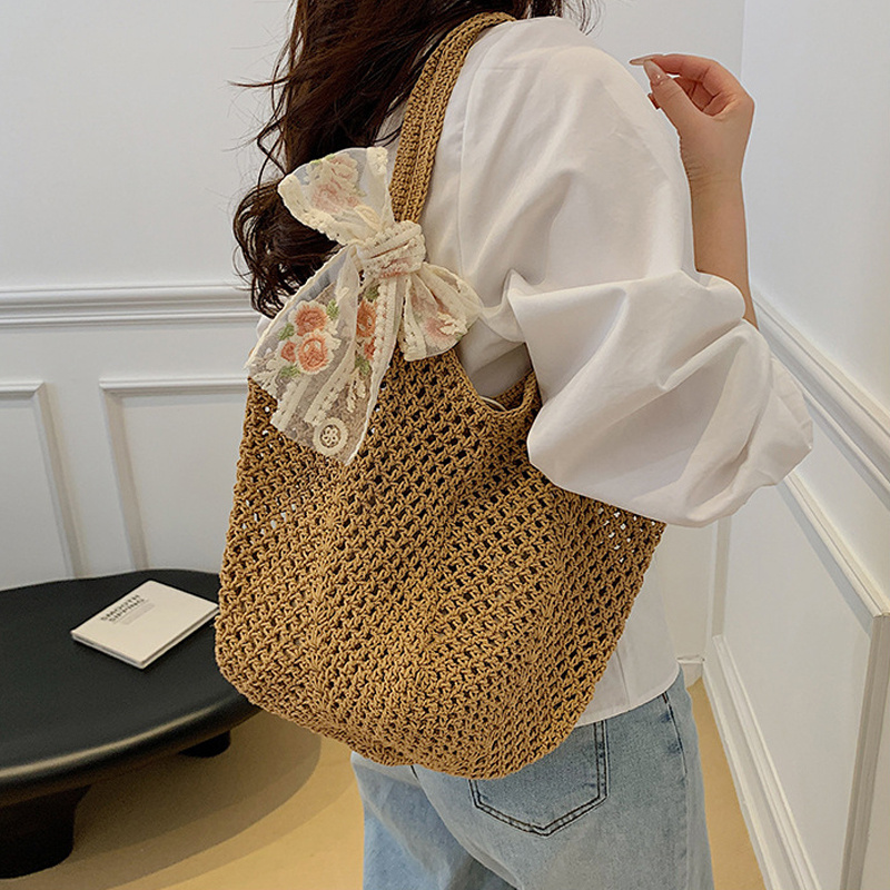 Summer Lace Bow Tote Bags Wome - Crochet Bag Raffia ulasan dan harga
