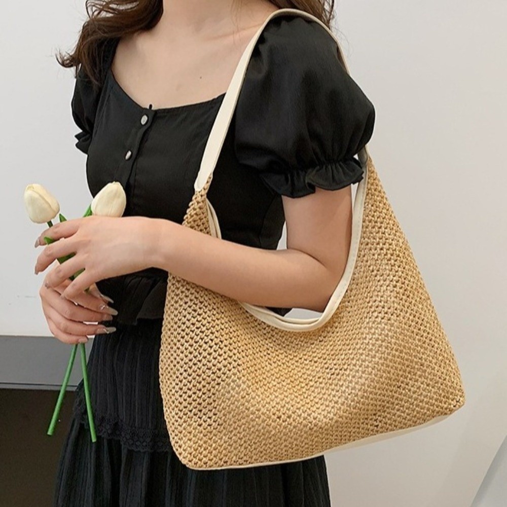 Cute Solid Color Weave Straw B - Tote Bag Beach ulasan dan harga
