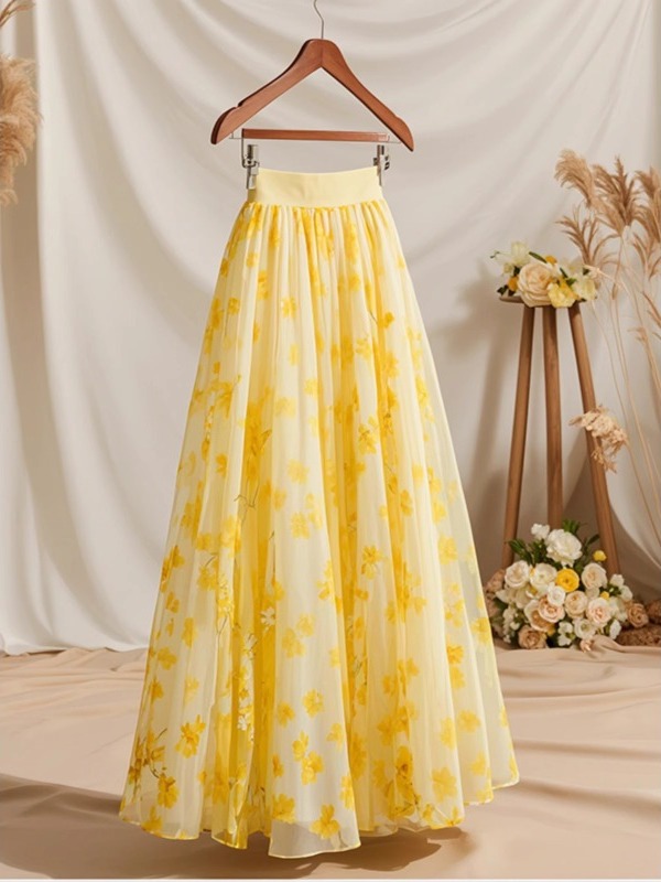 Summer 2026 High Waist Yellow  - Midi Skirt Floral ulasan dan harga