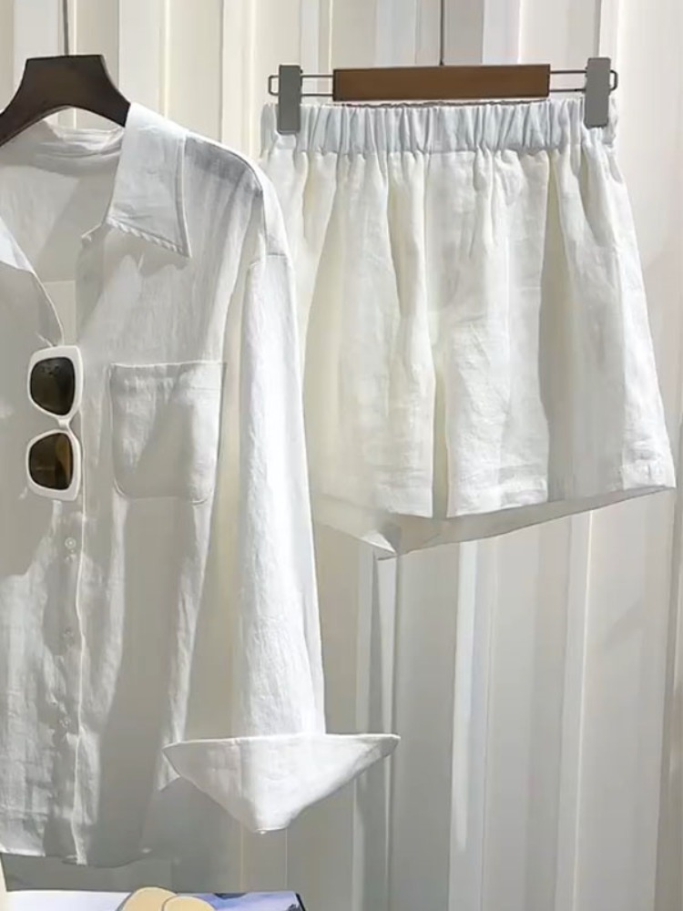Summer Women's Linen Shirt Set - Linen Pant Wide ulasan dan harga