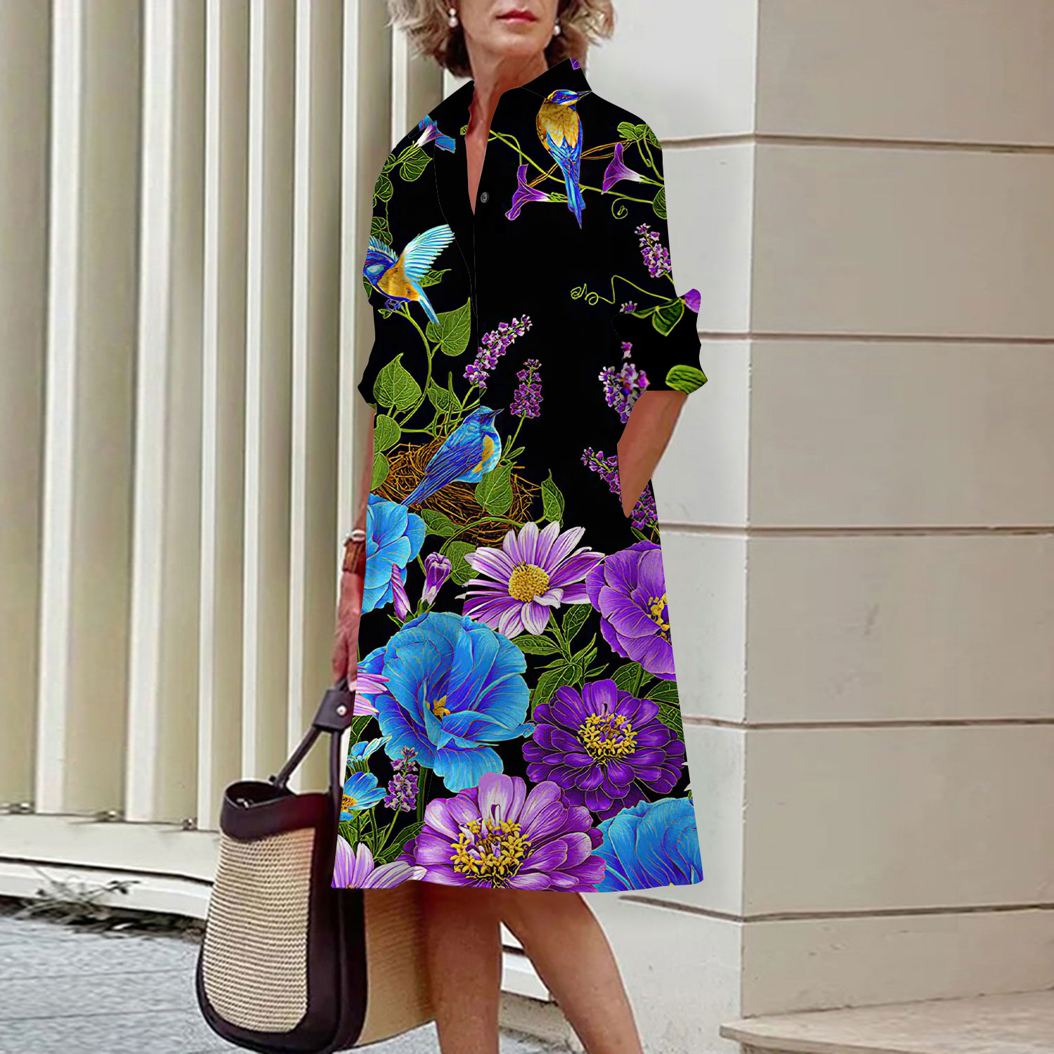 Floral Pattern Shirt Dress Ele - Midi Skirt Floral ulasan dan harga
