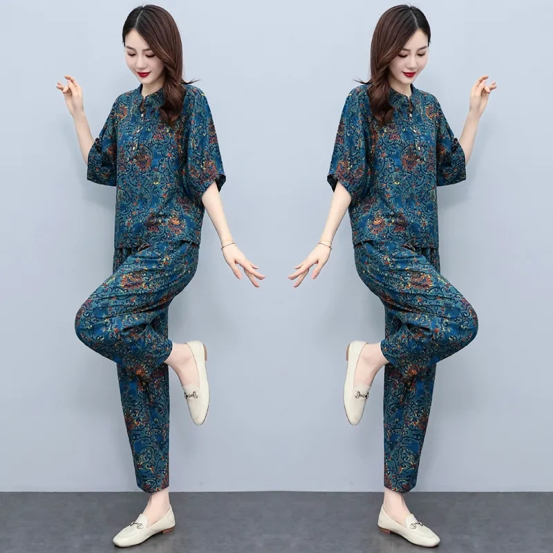 Middle Aged Mother Summer Suit - Linen Pant Wide ulasan dan harga
