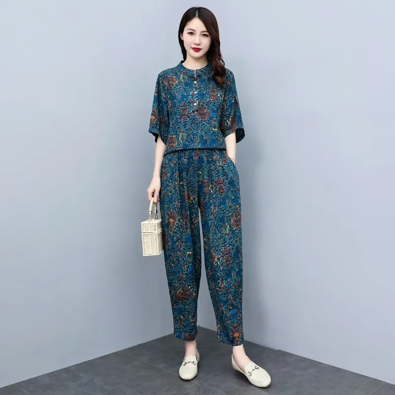Middle Aged Mother Summer Suit - Linen Pant Wide ulasan dan harga