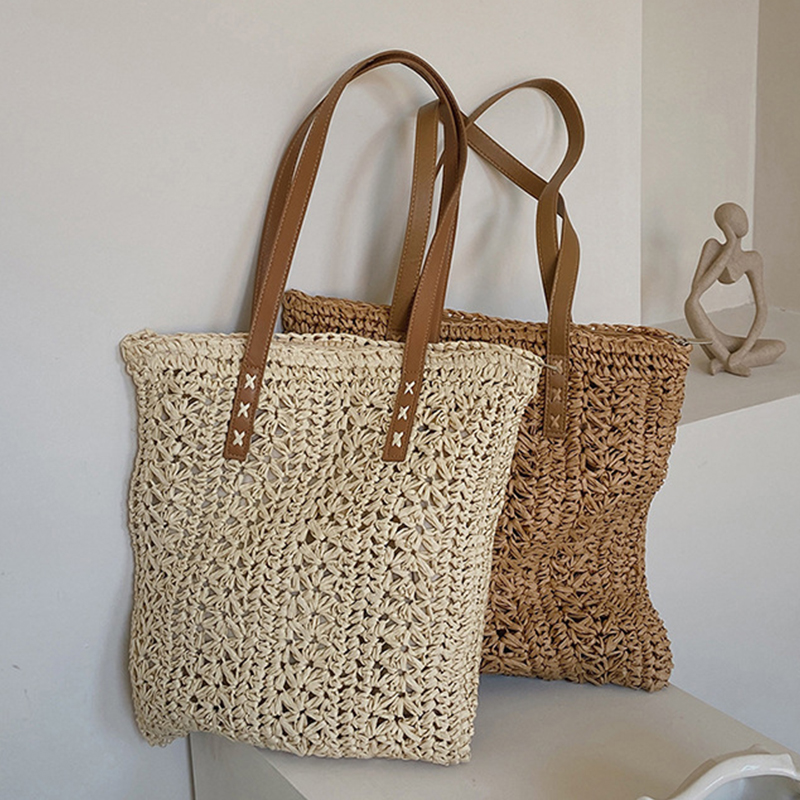 Square Hollow Straw Beach Bag  - Crochet Bag Raffia ulasan dan harga