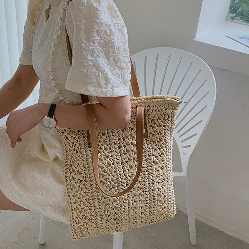 Square Hollow Straw Beach Bag  - Crochet Bag Raffia ulasan dan harga
