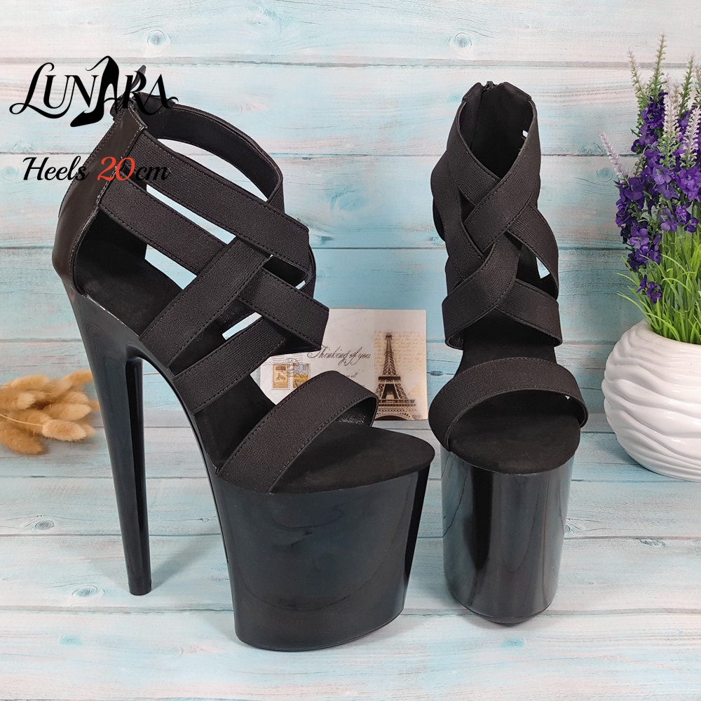 Womens 20cm/8Inch Black Strapp - Sandal Strappy Heeled ulasan dan harga