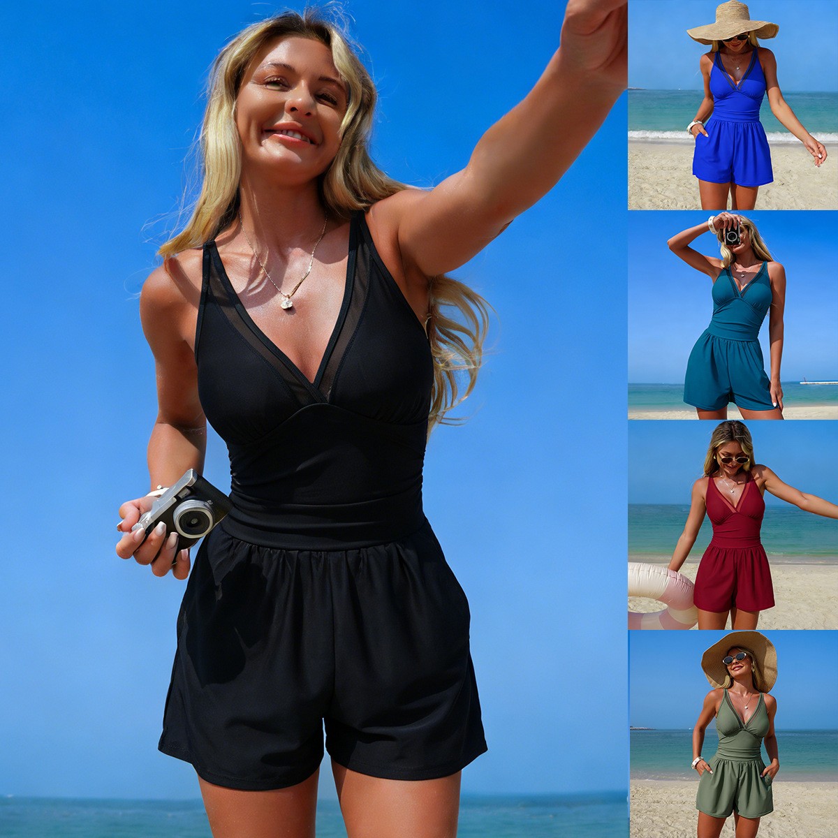 Black Solid Color Sleeveless V - Swimsuit Bikini Ruched ulasan dan harga