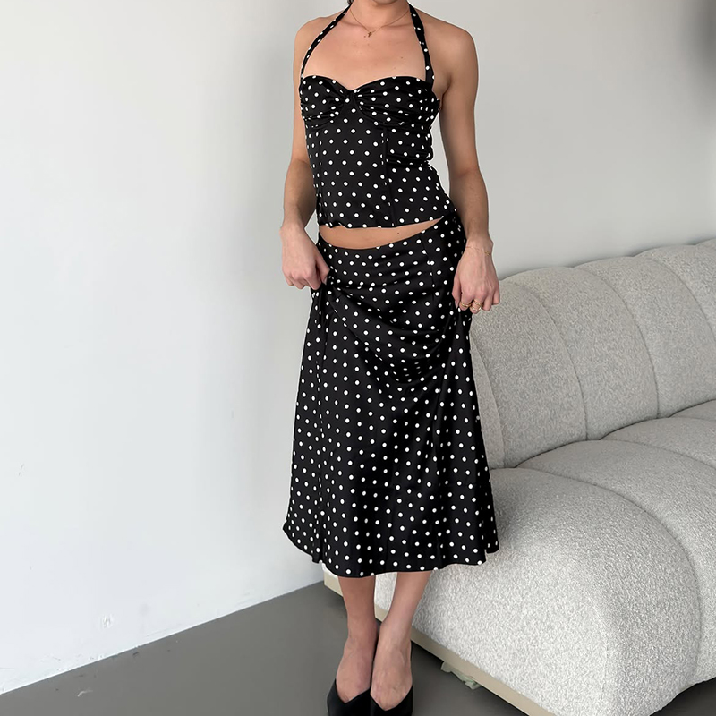 Two Piece Set Polka Dot Skirts - Crop Top Crochet ulasan dan harga