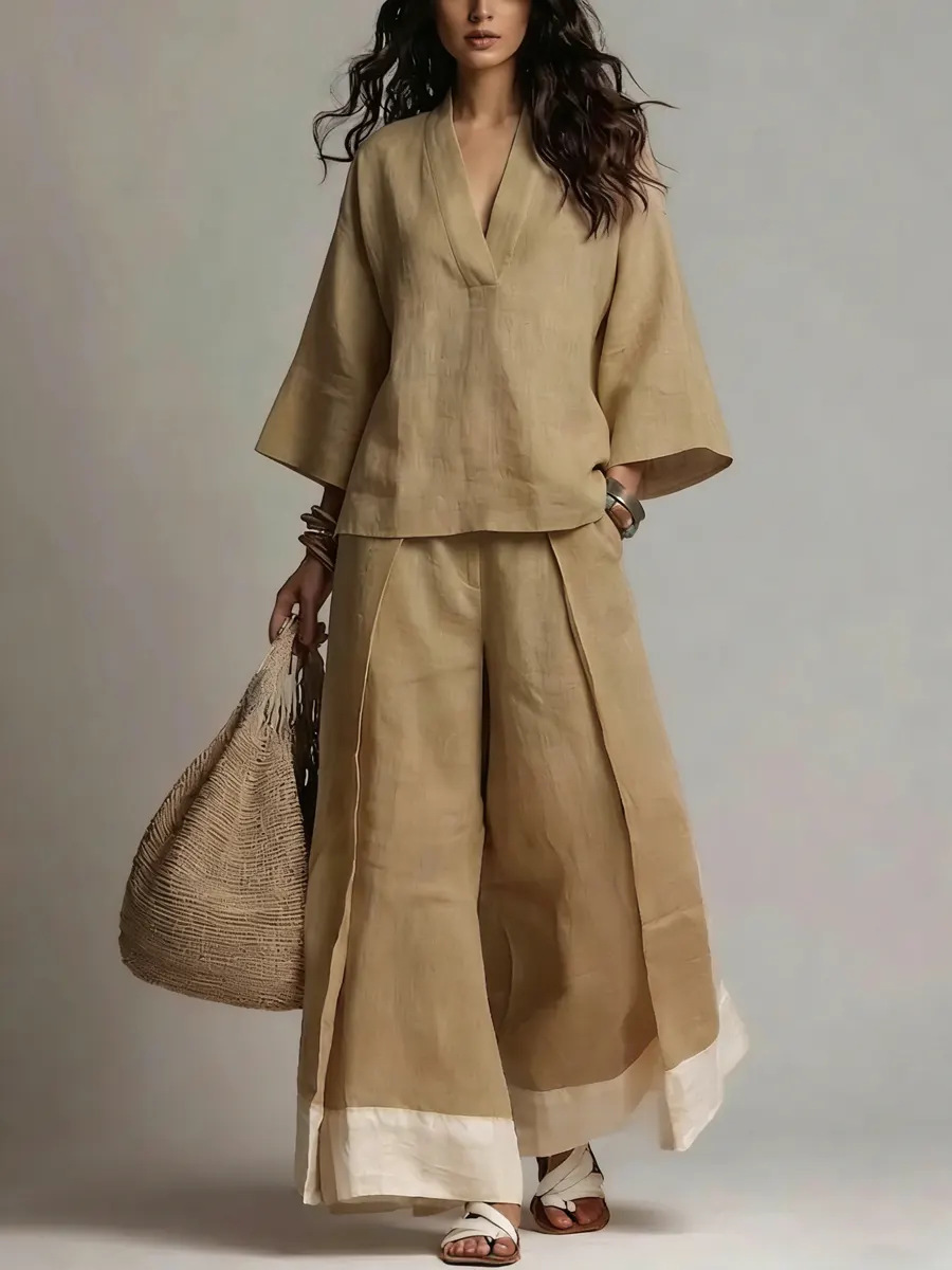 Summer Women V-neck Cotton Lin - Linen Pant Wide ulasan dan harga