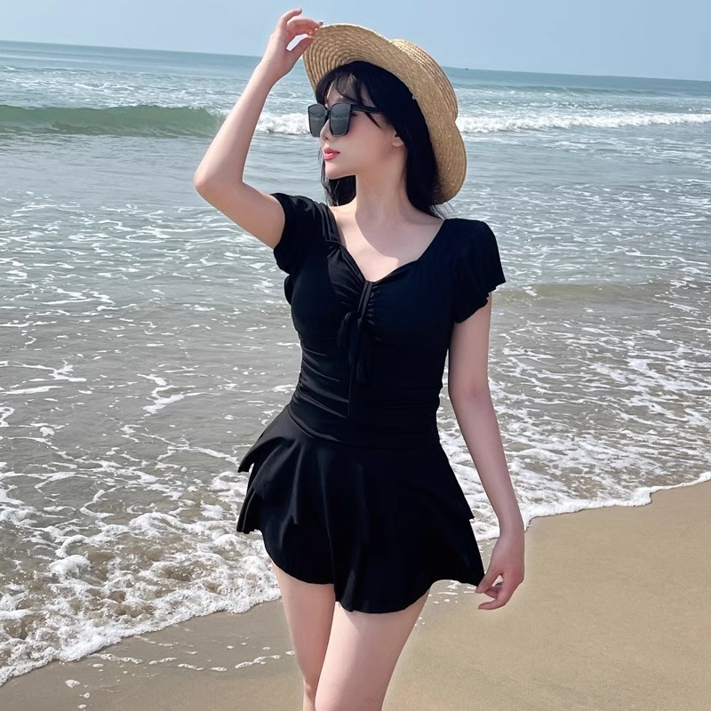 Women's Red V Neck Skirted One - Swimsuit Bikini Ruched ulasan dan harga