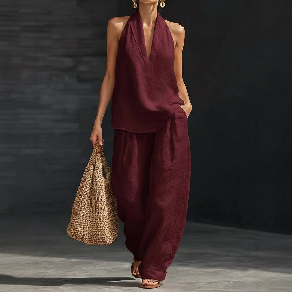 Summer Retro Solid Cotton Line - Linen Pant Wide ulasan dan harga