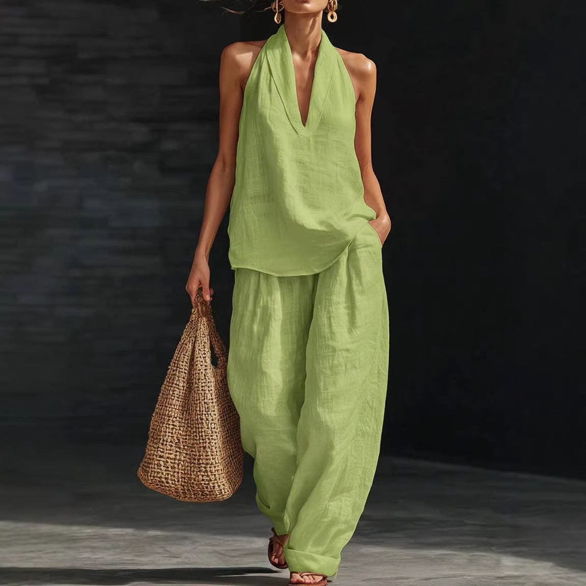 Summer Retro Solid Cotton Line - Linen Pant Wide ulasan dan harga