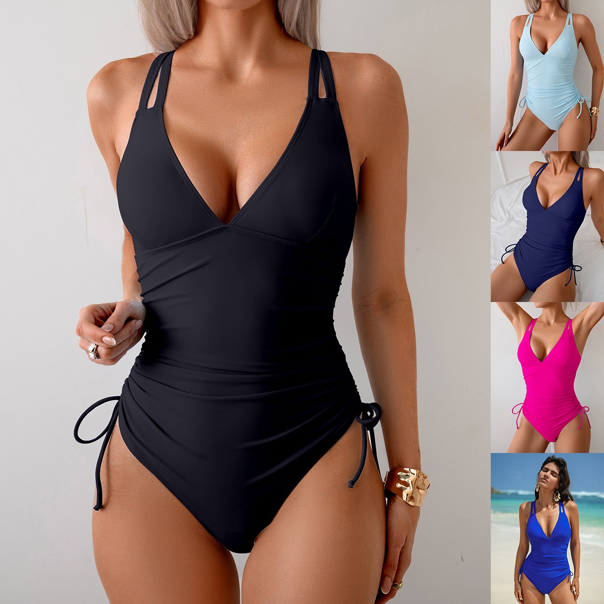 Solid Black Swimsuit V Neck Ru - Swimsuit Bikini Ruched ulasan dan harga