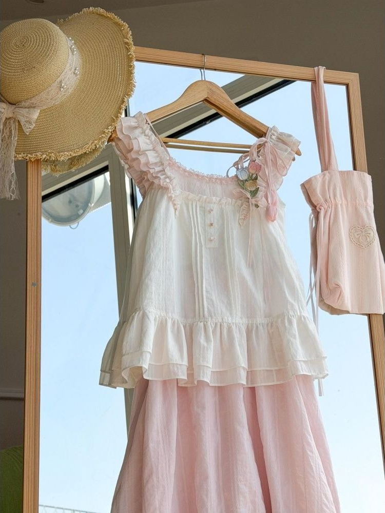 Sweet Kawaii Ruffle Trim Tulip - Midi Skirt Floral ulasan dan harga