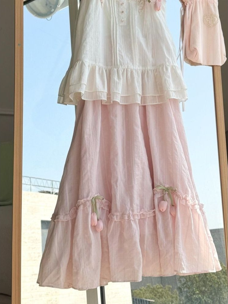 Sweet Kawaii Ruffle Trim Tulip - Midi Skirt Floral ulasan dan harga