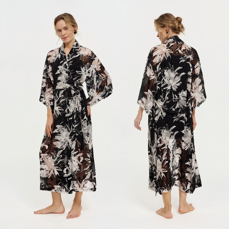 Women Black White Ink Floral S - Kimono Sheer Floral ulasan dan harga